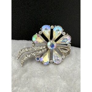 Vintage Weiss Rhinestone Brooch AB Flower Silver Tone READ